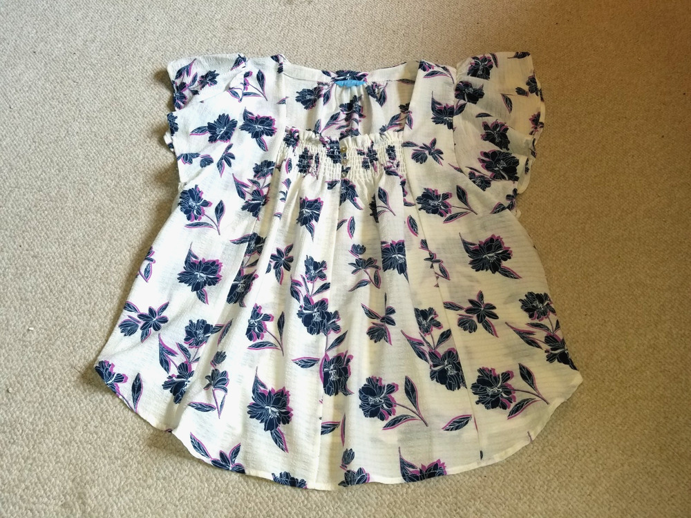 Womens Top-DRAPER JAMES RSVP-ivory/blue/purple floral tunic Cottagecore- XXL